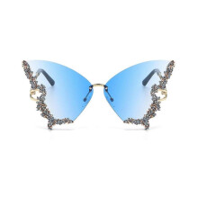 (Blue) Luxury Diamond Butterfly Sunglasses Women Vintage Rimless Oversized Rhinestone Bling Sun Glasses
