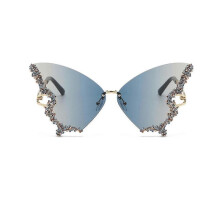 (Blue Tea) Luxury Diamond Butterfly Sunglasses Women Vintage Rimless Oversized Rhinestone Bling Sun Glasses