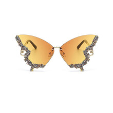 (Yellow) Luxury Diamond Butterfly Sunglasses Women Vintage Rimless Oversized Rhinestone Bling Sun Glasses