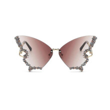 (Tea) Luxury Diamond Butterfly Sunglasses Women Vintage Rimless Oversized Rhinestone Bling Sun Glasses