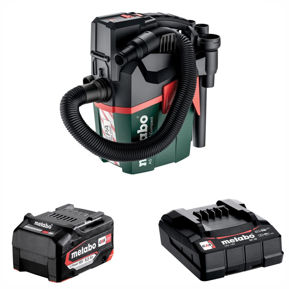 Metabo AS 18 HEPA Vacuum Cleaner 18V Wet Dry Vac Dust Extraction + 5.2ah Battery