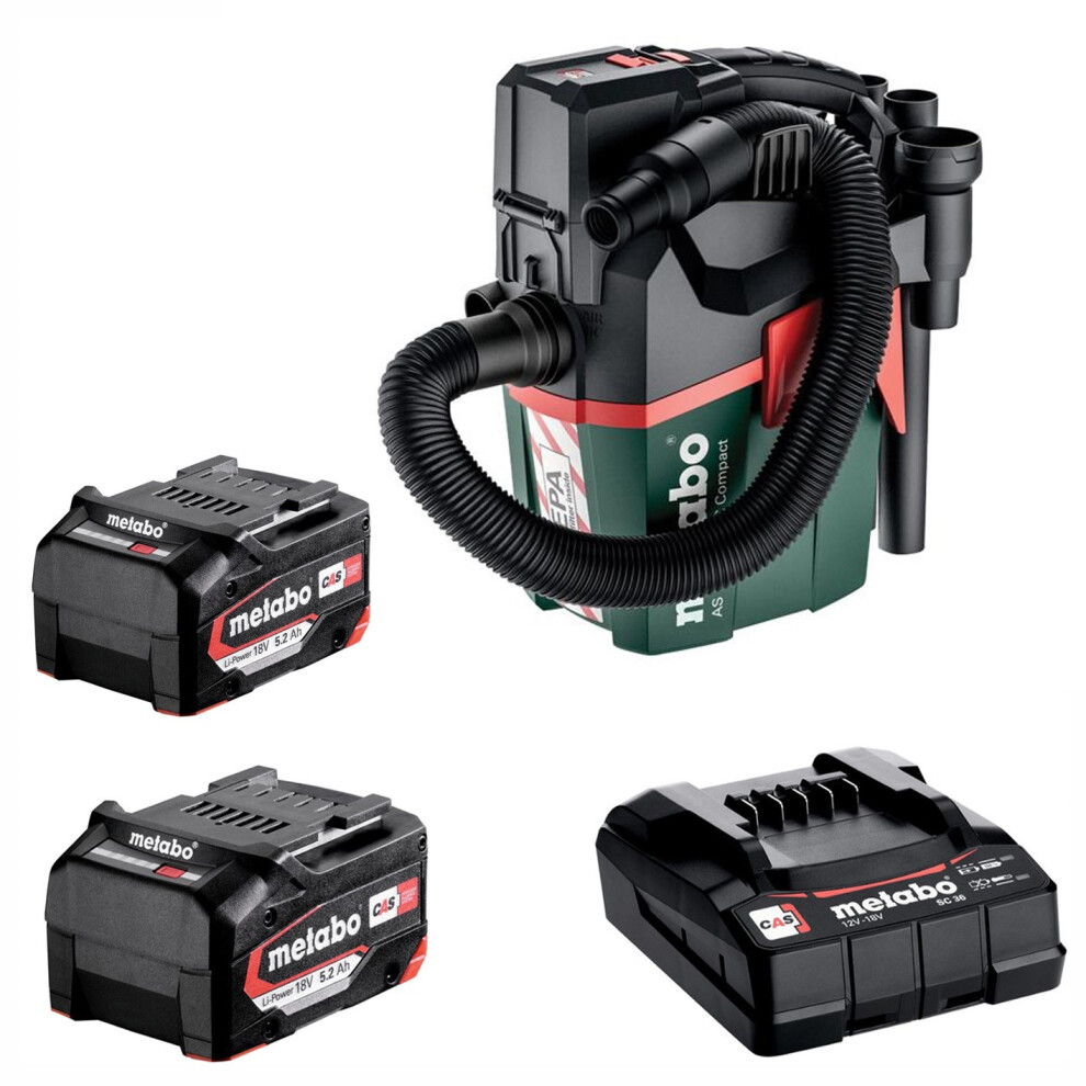Metabo AS 18 HEPA Wet Dry Vacuum Cleaner 18V Dust Extraction + x2 5.2ah Battery