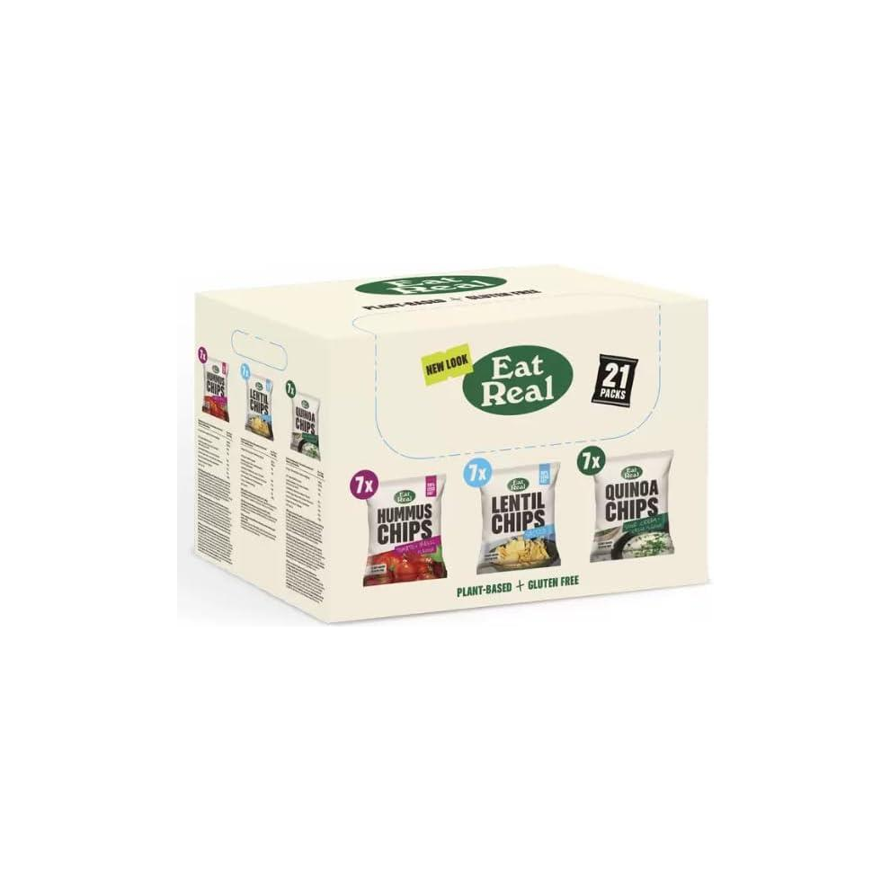 Eat Real Crisps Vegan & Healthy Snacks Variety Box Pack Of 21 Mix Of Quinoa, Lentil & Hummus Chips