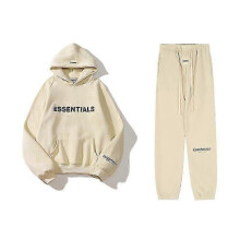 (S, apricot) ESSENTIALS 3D Silicone Letter Flocking Print American Sweater Jacket + Pants Casual Suit for Men and Women