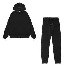 (L, Black 2) ESSENTIALS 3D Silicone Letter Flocking Print American Sweater Jacket + Pants Casual Suit for Men and Women