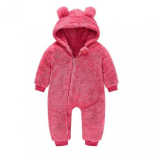 (100, Red) Kid's Hooded Plush Jumpsuit with Cute Bear Ears Hood Zipper Onesie Pajamas
