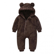 (80, Dark Brown) Kid's Hooded Plush Jumpsuit with Cute Bear Ears Hood Zipper Onesie Pajamas