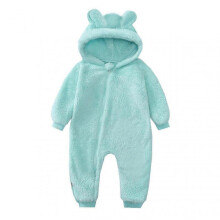 (80, Lake Blue) Kid's Hooded Plush Jumpsuit with Cute Bear Ears Hood Zipper Onesie Pajamas