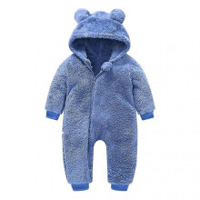 (100, Blue) Kid's Hooded Plush Jumpsuit with Cute Bear Ears Hood Zipper Onesie Pajamas