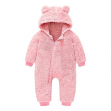 (100, Pink) Kid's Hooded Plush Jumpsuit with Cute Bear Ears Hood Zipper Onesie Pajamas