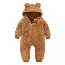 (100, Khaki) Kid's Hooded Plush Jumpsuit with Cute Bear Ears Hood Zipper Onesie Pajamas