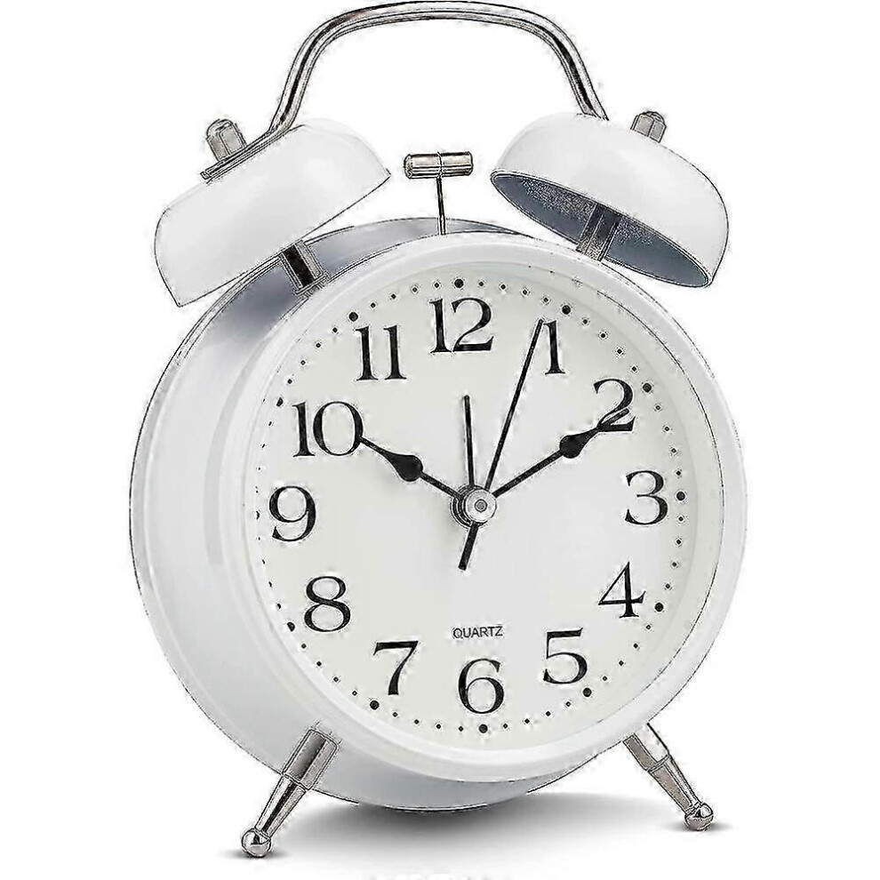 Analog Alarm Clock Extra Loud Twin Bells Retro Silent Non-Ticking Quartz Battery Operated With White
