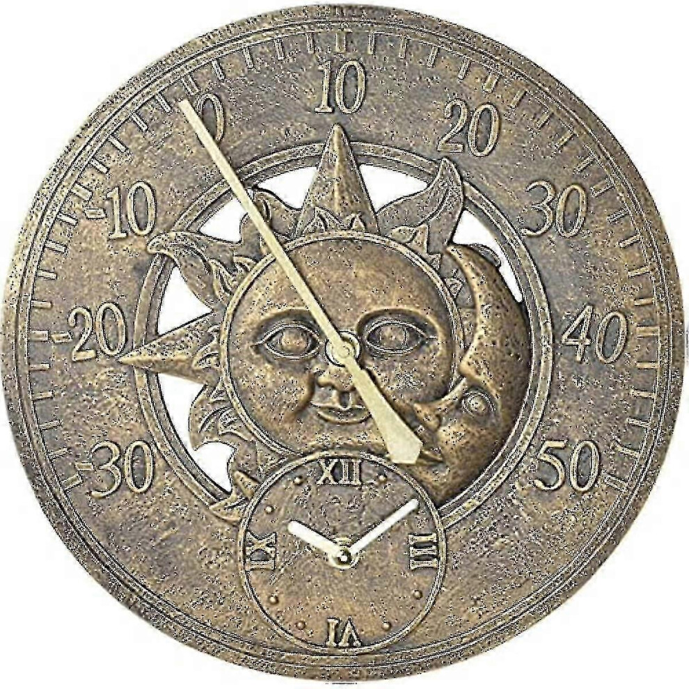 Applicable To Garden Thermometer Clock Analogue Wall Sun & Moon 30Cm Clock With Vintage Style Bronze