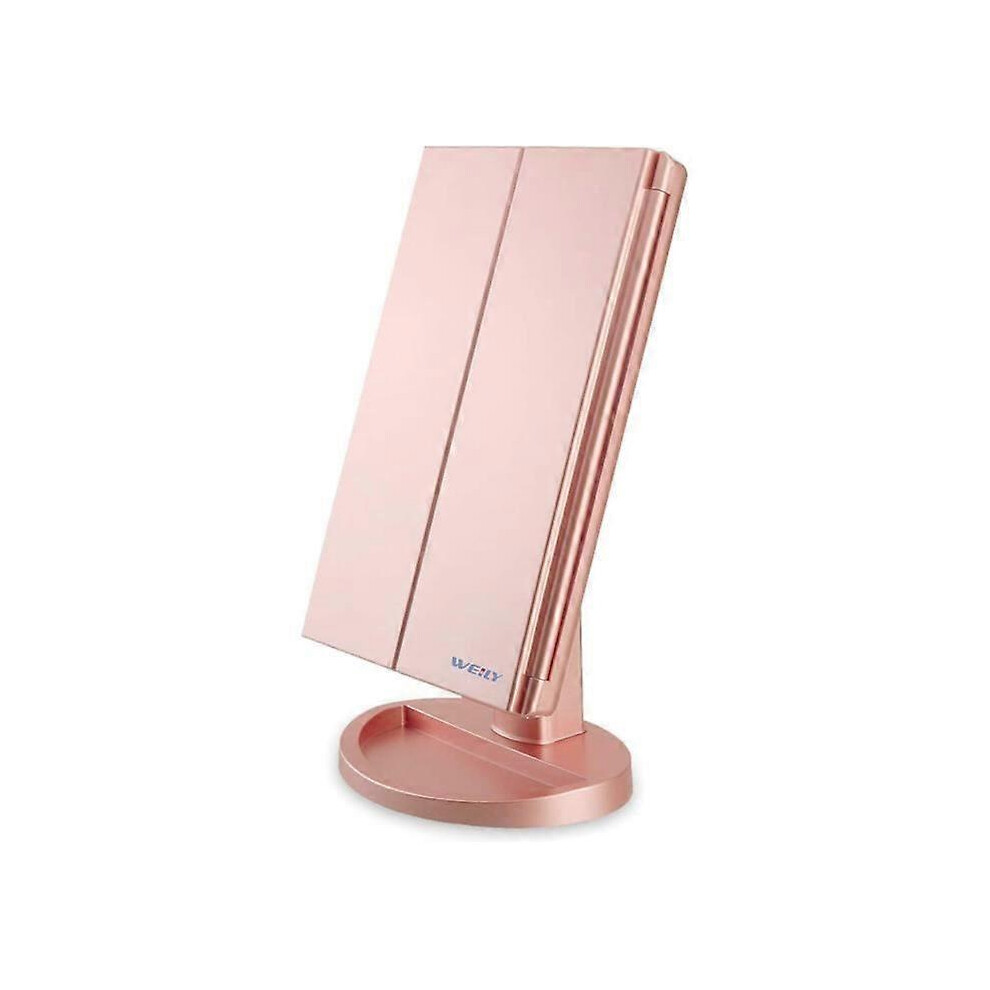 Lighted Makeup Mirror, 1X/2X/3X Magnification, Tri-Fold Mirror With 21 Led Lights, Screen Switch Gold