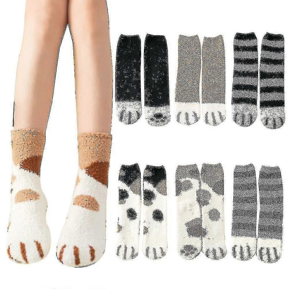 Lot de 6 paires de chaussettes moelleuses à motif pattes de chat pour femme, chaussettes chaudes et