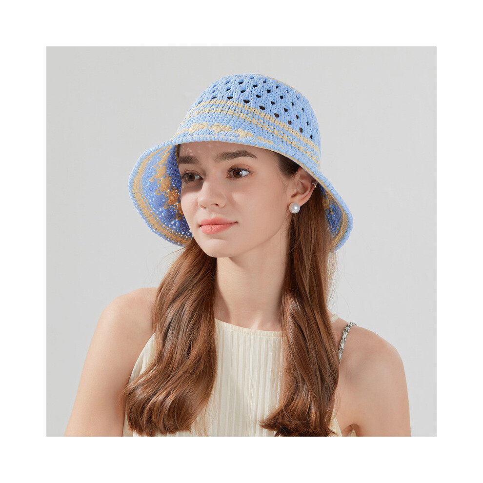 (Blue)Chapeau soleil été femme mode plein air loisirs tricoté chapeau respirant pêcheur