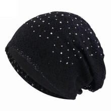 (Black) Winter Hats For Women Men Lace Rhinestone Breathable Turban Hat Windproof Warm Cap Female Beanie Hip Hop Bone Gorro Ponytail Hat