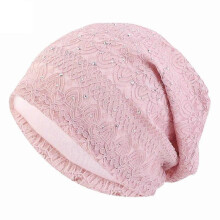 (Pink) Winter Hats For Women Men Lace Rhinestone Breathable Turban Hat Windproof Warm Cap Female Beanie Hip Hop Bone Gorro Ponytail Hat