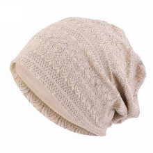 (Beige) Winter Hats For Women Men Lace Rhinestone Breathable Turban Hat Windproof Warm Cap Female Beanie Hip Hop Bone Gorro Ponytail Hat