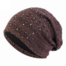 (Dark Brown) Winter Hats For Women Men Lace Rhinestone Breathable Turban Hat Windproof Warm Cap Female Beanie Hip Hop Bone Gorro Ponytail Hat