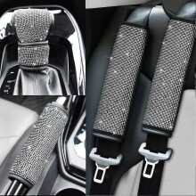 (As show, One size) Seat Belt Shoulder Pad Belt Bling Rhinestone Car Bling Seat Belt Cover Ladies, Crystal Handbrake Cover, Bling Ring Set 4 Piece Universal (White Diamon
