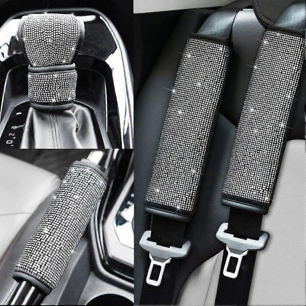 (As show, One size) Seat Belt Shoulder Pad Belt Bling Rhinestone Car Bling Seat Belt Cover Ladies, Crystal Handbrake Cover, Bling Ring Set 4 Piece Uni-image-OPC-PHN98T9-NEW