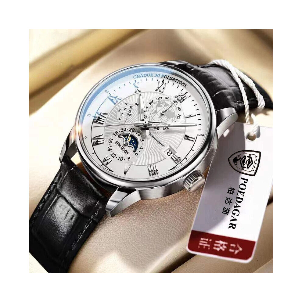(Silver White) Men Watches Fashion Leather Waterproof Mens Quartz Wristwatch Men Casual Watches New-image-OPC-PHN99P9-NEW