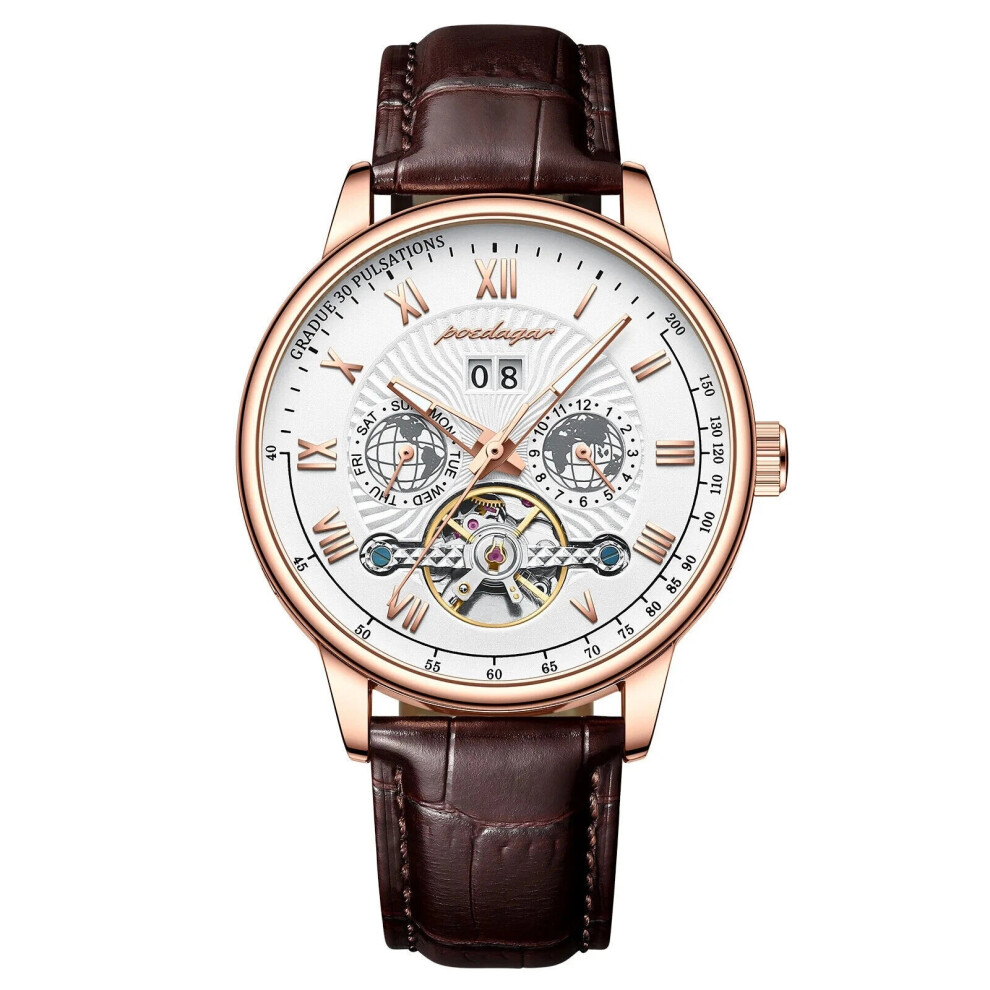 (YN1409 Rose Gold White) Automatique Mechanical Hollow Watch Waterproof Leather Men's Watch Wristwatches-image-OPC-PHN99V9-NEW