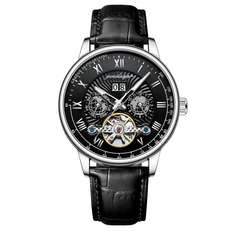 (YN1409 Silver Black) Automatique Mechanical Hollow Watch Waterproof Leather Men's Watch Wristwatches New-image-OPC-PHN99VS-NEW