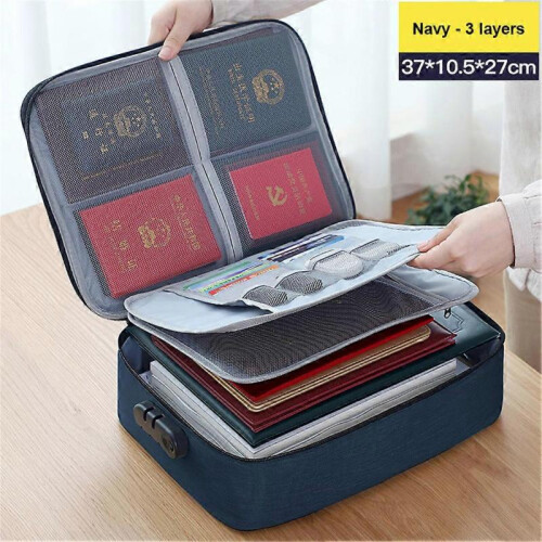 (3 Layers Navy Blue) Fireproof Document Box 37x27x10cm 2-layer Document Safe Bag File Storage Box With Lock Waterproof Ziper Portable
