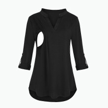 (As show, One size) Maternity Care Top 3/4 Roll Sleeve Tunic Breastfeeding Clothes Black, XXL