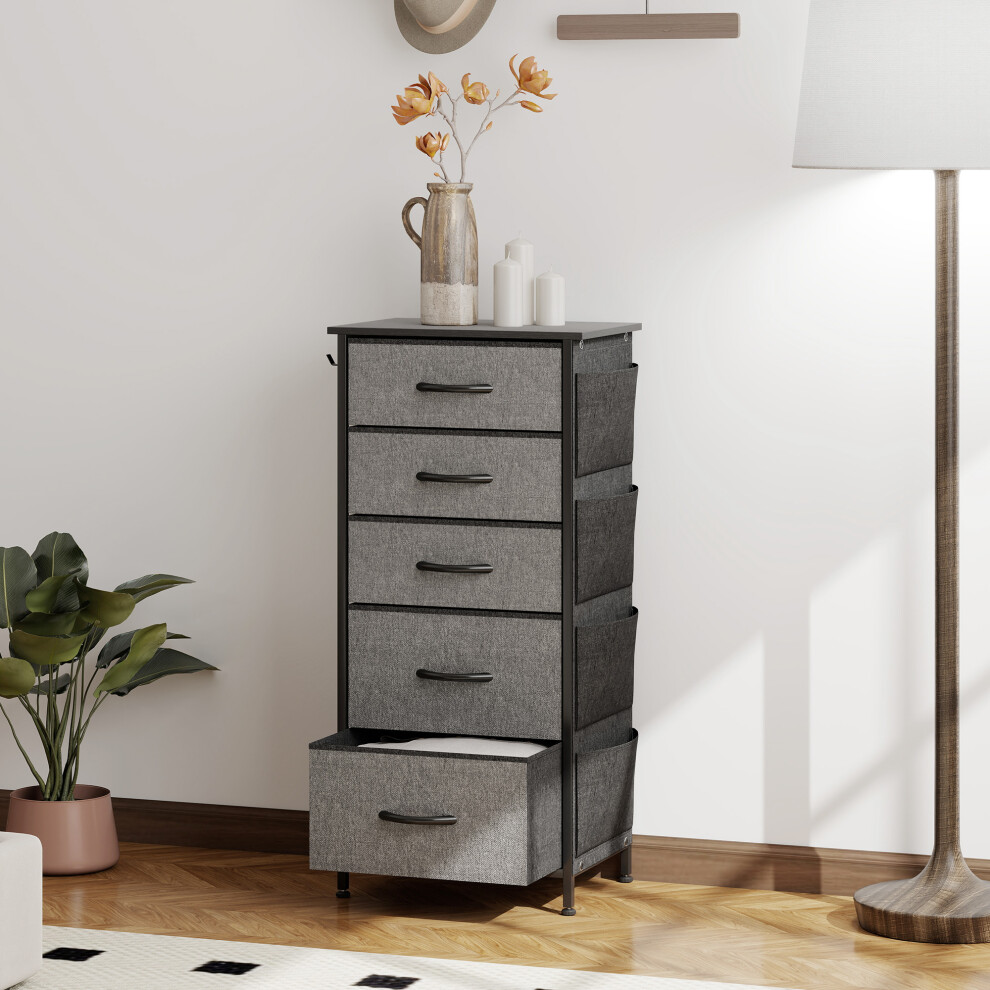 (Grey) HOMCOM Fabric Chest of Drawers, 5 Drawer Dresser for Bedroom