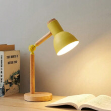 (Yellow, UK plug) Creative Nordic Table Lamp Wooden Art LED Turn Head Simple Bedside Desk Light/Eye Protection Reading&Bedroom Study Lamp