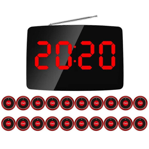 (As Shown, EU Plug) Wireless Restaurant Pager Calling System 20 Call Button with LED Display for Bar Restaurant Customer