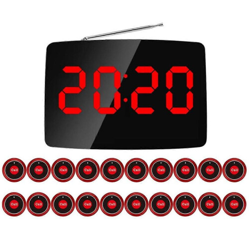 (As Shown, UK Plug) Wireless Restaurant Pager Calling System 20 Call Button with LED Display for Bar Restaurant Customer