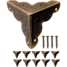 (As show, One size) 10 Pack Antique Metal Furniture Corners, Edge Protection Corners For Crates And Furniture Vintage Style Aged Brass 40 Assorted Nails.