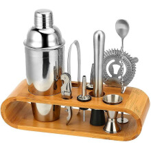 (As show, One size) 10-Piece Bar Tool Set with Bamboo Stand - Home Bartending Kit and Martini Cocktail Shaker Set