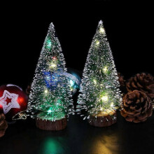 Frosted Sisal Trees, Solid Round Wooden Base for Indoor Outdoor Decoration, Miniature Pine Trees with LED Lights for Christmas Decorations, Pre-lit