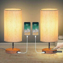 3-Way Dimmer Lamp, Eye Caring Lighting, Wooden Base & Flaxen Fabric Shade for Guest Room, Reading Room, Children's Room (2-Pcs Included)