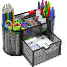 Mesh Office Desk Accessories, 8 Compartments Stationery Holder for Office, School, Classroom with 1 Drawer, Powder-Coated Metal, Non-Skid Pads, Easy