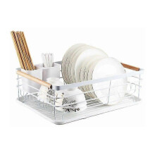 Vintage Design Beechwood Handle Draining Board, Detachable Cutlery Rack for Easy Dish Drying, Rustproof Drying Rack with Resin Tray for Kitchen