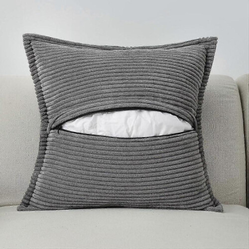 Textured Square Cushion Case for Couch Sofa Bed, Corduroy Decorative Throw Pillow Covers Easy Insertion Removal, Soft Cross Patchwork Invisible 2