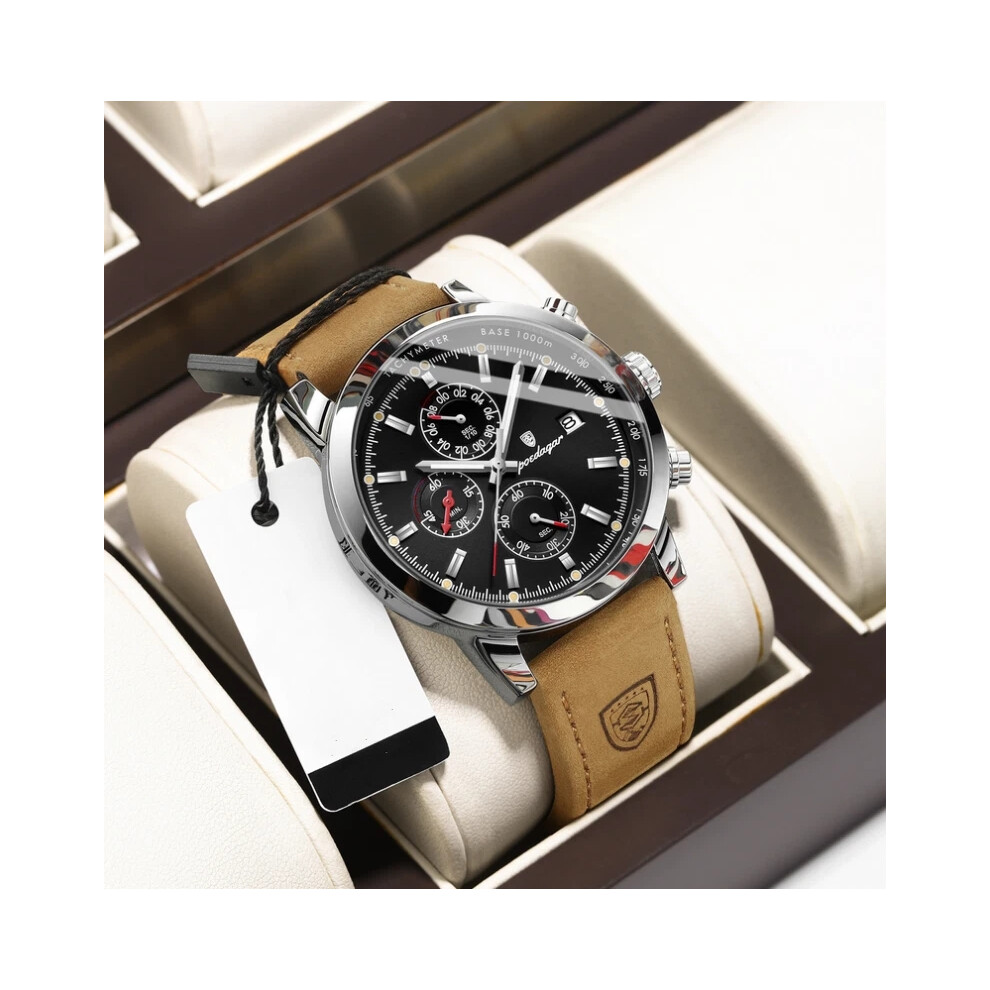 (Silver Shell Black Face) Men Watches Leather Wristwatch Sport Chronograph Waterproof Quartz Watch for Men-image-OPC-PHN9S7G-NEW