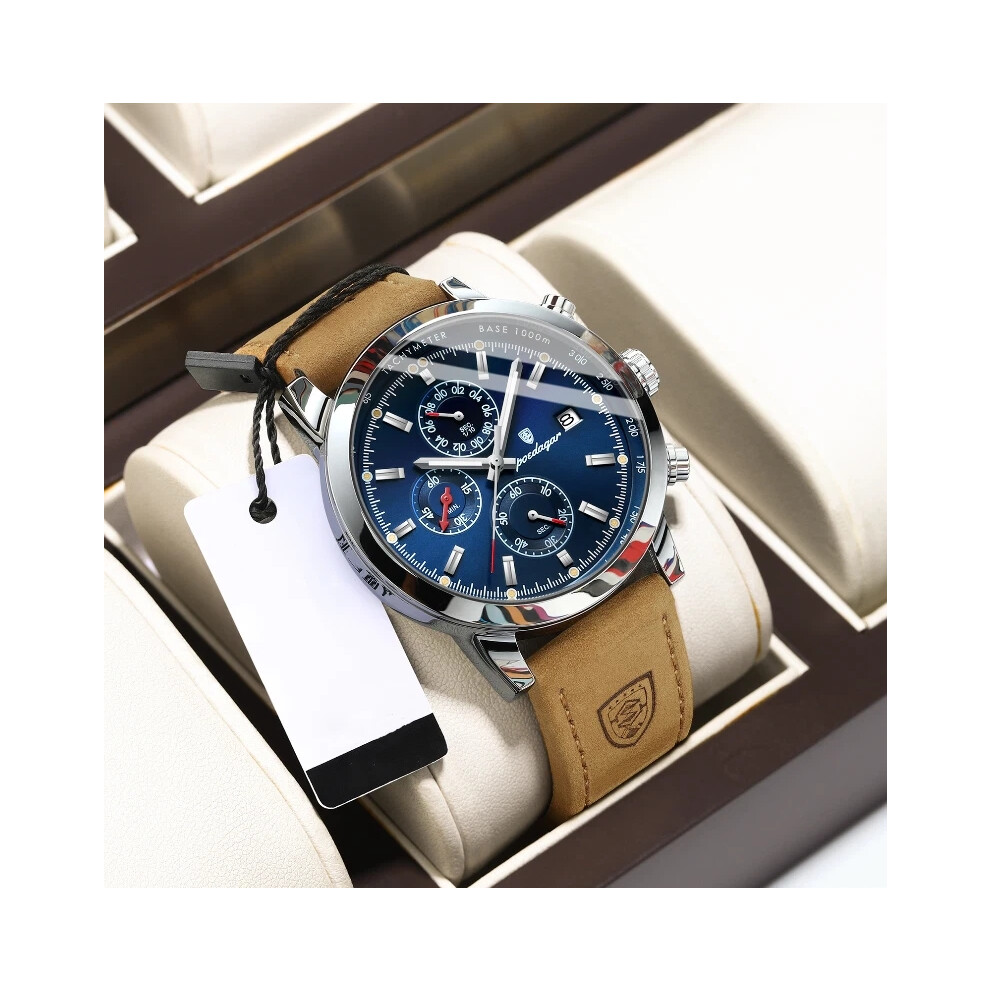 (Black Shell White Face) Men Watches Leather Wristwatch Sport Chronograph Waterproof Quartz Watch for Men New-image-OPC-PHN9S89-NEW