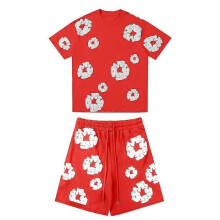 (L, red) Women's And Men's Casual Loose Fitting Printed T-shirt And Shorts Two-Piece Street Fashion Trend Short Sleeves+shorts