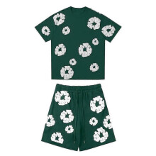 (XL, green) Women's And Men's Casual Loose Fitting Printed T-shirt And Shorts Two-Piece Street Fashion Trend Short Sleeves+shorts