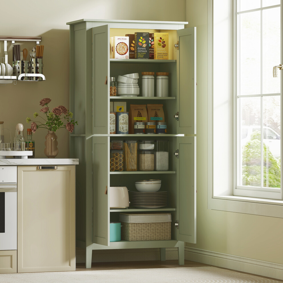 (Green) HOMCOM 176.5 cm Tall Freestanding Pantry Storage Cabinet with 4 Doors