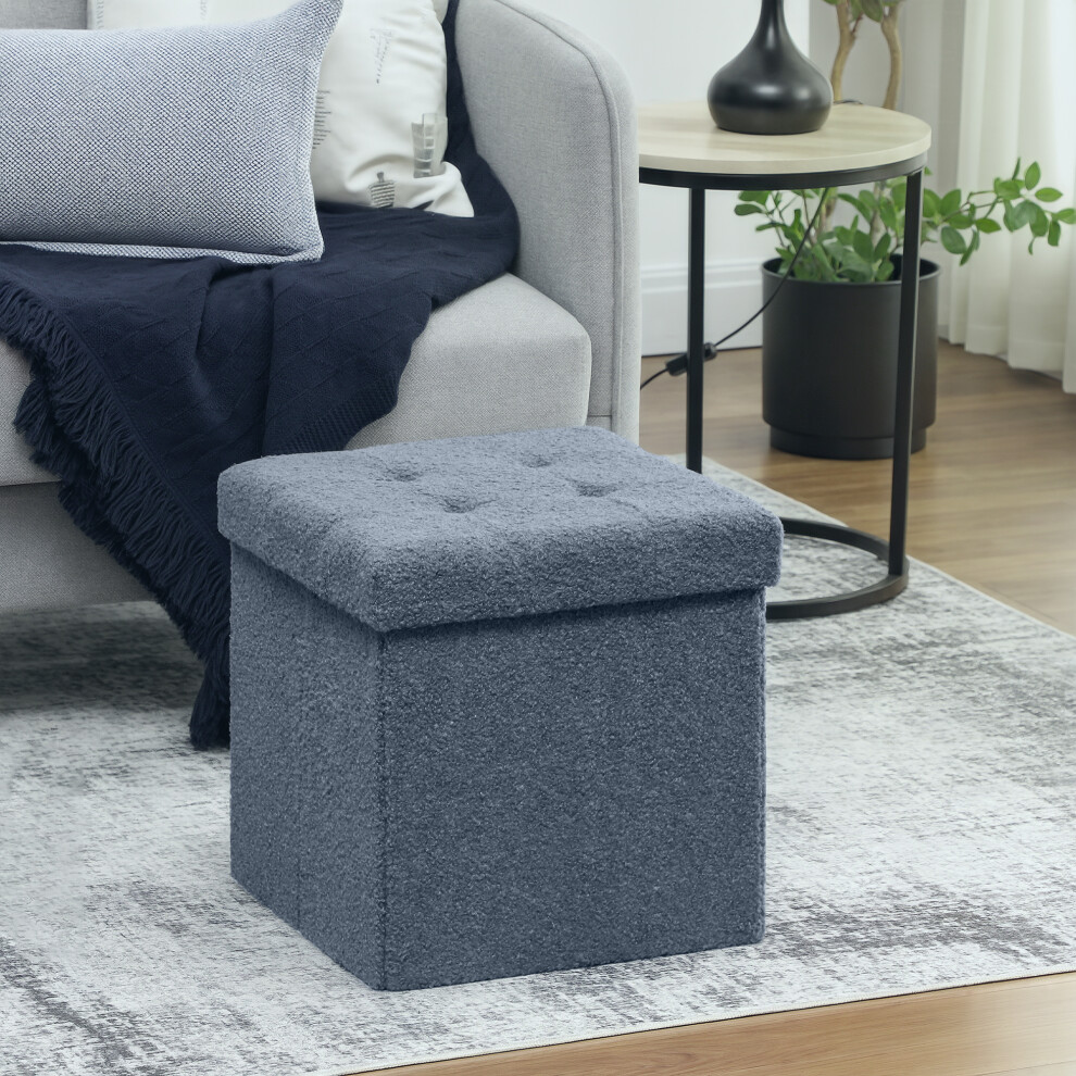 Homcom (Blue) Foldable Sherpa Fleece Storage Ottoman, 38 X 38 X 38 Cm
