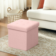 (Pink) HOMCOM Foldable Sherpa Fleece Storage Ottoman, 38 x 38 x 38 cm
