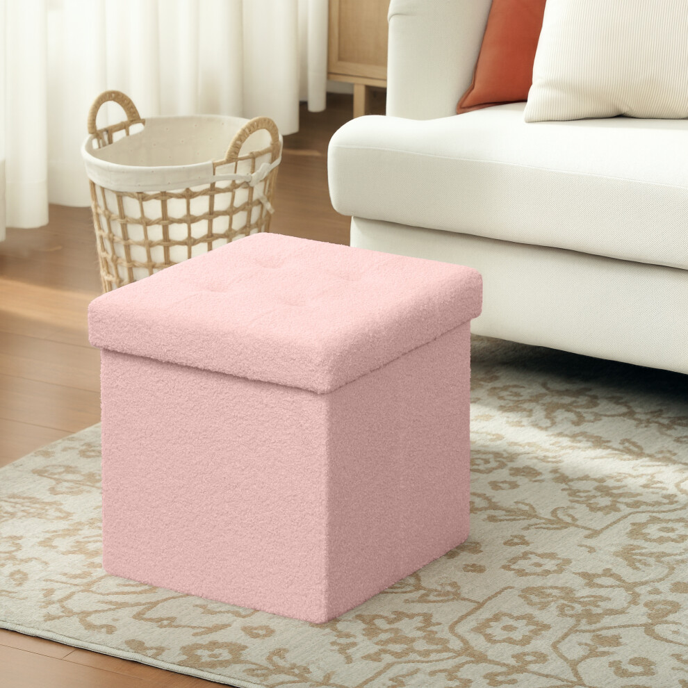 Homcom (Pink) Foldable Sherpa Fleece Storage Ottoman, 38 X 38 X 38 Cm
